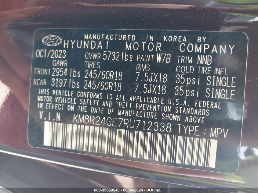 2024 Hyundai Palisade Sel VIN: KM8R24GE7RU712338 Lot: 39569540