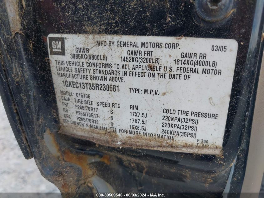 2005 GMC Yukon Slt VIN: 1GKEC13T35R230681 Lot: 39569545