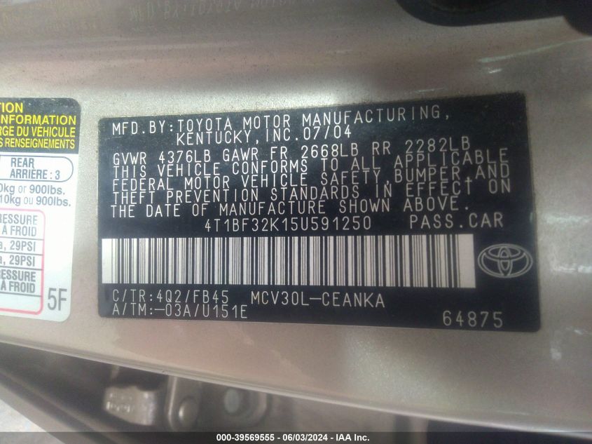 2005 Toyota Camry Le V6 VIN: 4T1BF32K15U591250 Lot: 39569555
