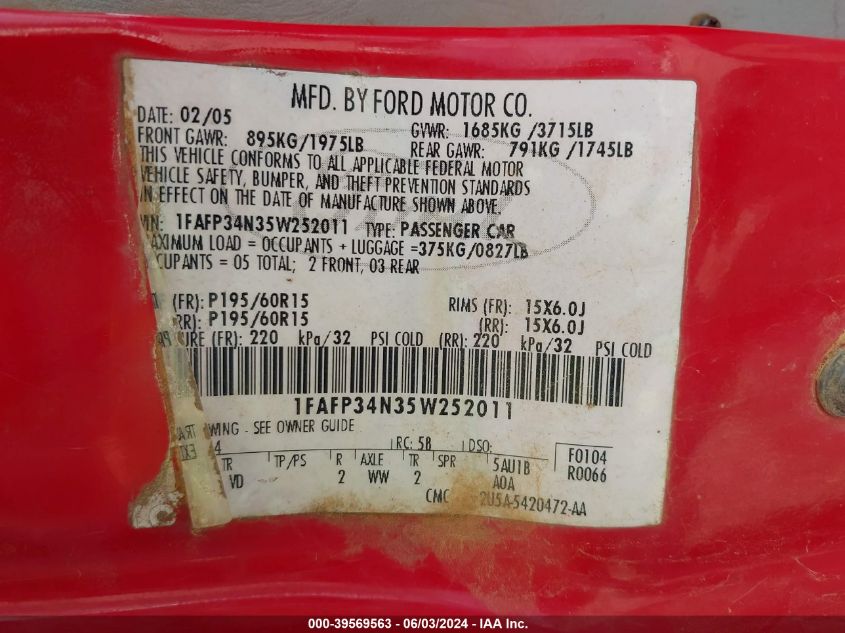 2005 Ford Focus Zx4 VIN: 1FAFP34N35W252011 Lot: 39569563