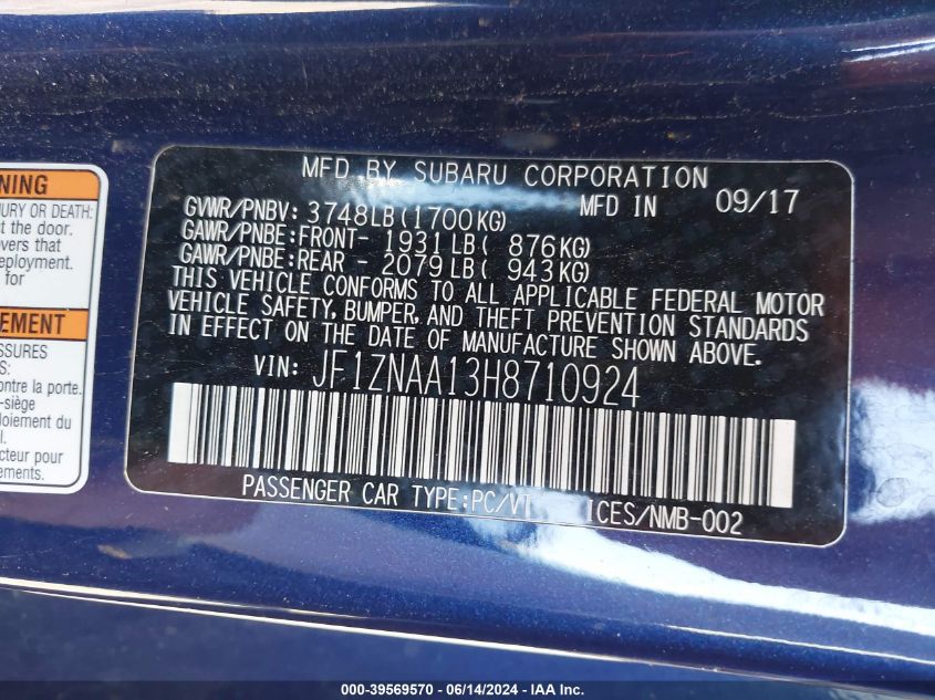 2017 Toyota 86 VIN: JF1ZNAA13H8710924 Lot: 39569570