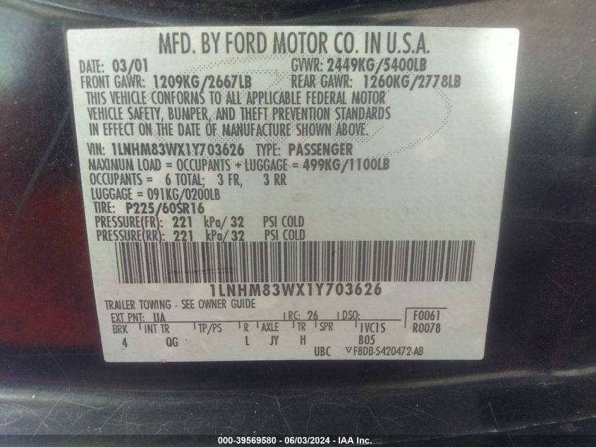 2001 Lincoln Town Car Cartier VIN: 1LNHM83WX1Y703626 Lot: 39569580