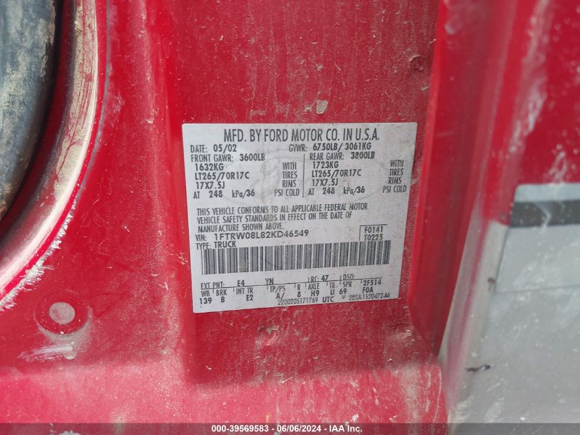2002 Ford F-150 Lariat/Xlt VIN: 1FTRW08L82KD46549 Lot: 39569583