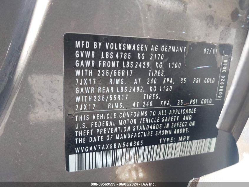 2011 Volkswagen Tiguan Se VIN: WVGAV7AX9BW546365 Lot: 39569599