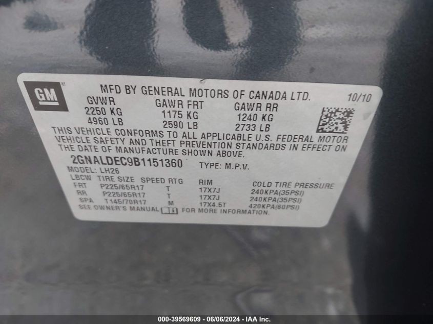 2011 Chevrolet Equinox 1Lt VIN: 2GNALDEC9B1151360 Lot: 39569609