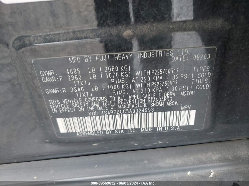 2010 Subaru Outback 2.5I Premium VIN: 4S4BRBCC5A3324993 Lot: 39569632