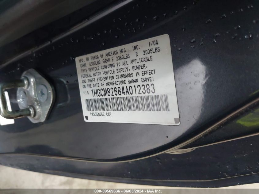 2004 Honda Accord 3.0 Ex VIN: 1HGCM82684A012383 Lot: 39569636