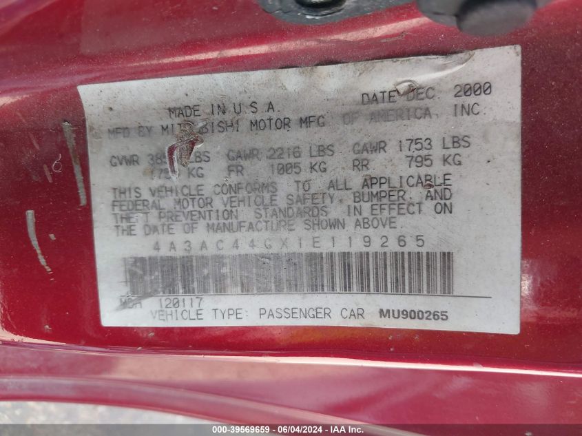 2001 Mitsubishi Eclipse Gs VIN: 4A3AC44GX1E119265 Lot: 39569659