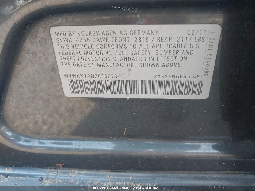 2012 Volkswagen Cc Lux VIN: WVWHN7AN3CE507845 Lot: 39569669