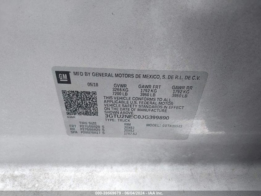 2018 GMC Sierra 1500 Slt VIN: 3GTU2NEC0JG399890 Lot: 39569679