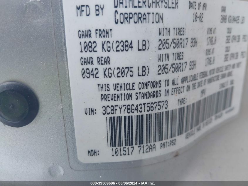 2003 Chrysler Pt Cruiser Gt VIN: 3C8FY78G43T567573 Lot: 39569696