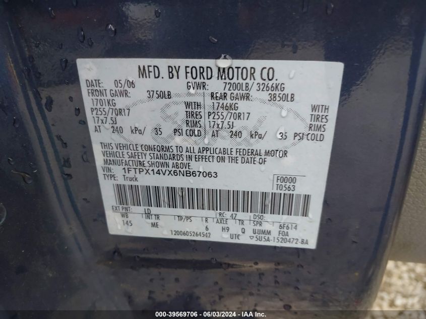 2006 Ford F-150 VIN: 1FTPX14VX6NB67063 Lot: 39569706