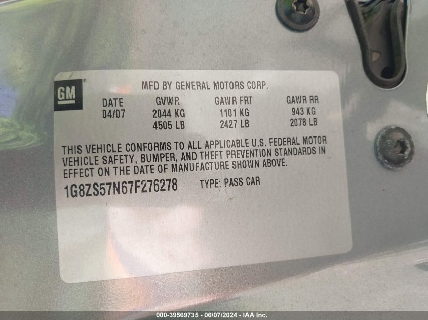 2007 Saturn Aura Xe VIN: 1G8ZS57N67F276278 Lot: 39569735