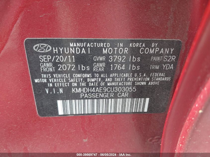 2012 Hyundai Elantra Limited (Ulsan Plant) VIN: KMHDH4AE9CU303055 Lot: 39569747