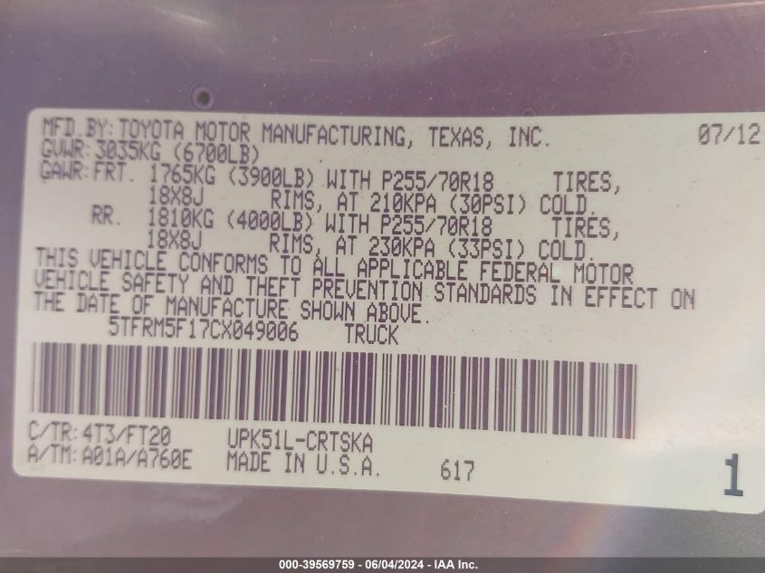 2012 Toyota Tundra Grade 4.6L V8 VIN: 5TFRM5F17CX049006 Lot: 39569759