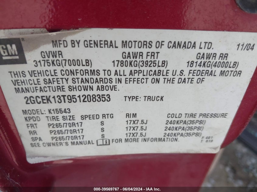 2005 Chevrolet Silverado 1500 Z71 VIN: 2GCEK13T951208353 Lot: 39569767