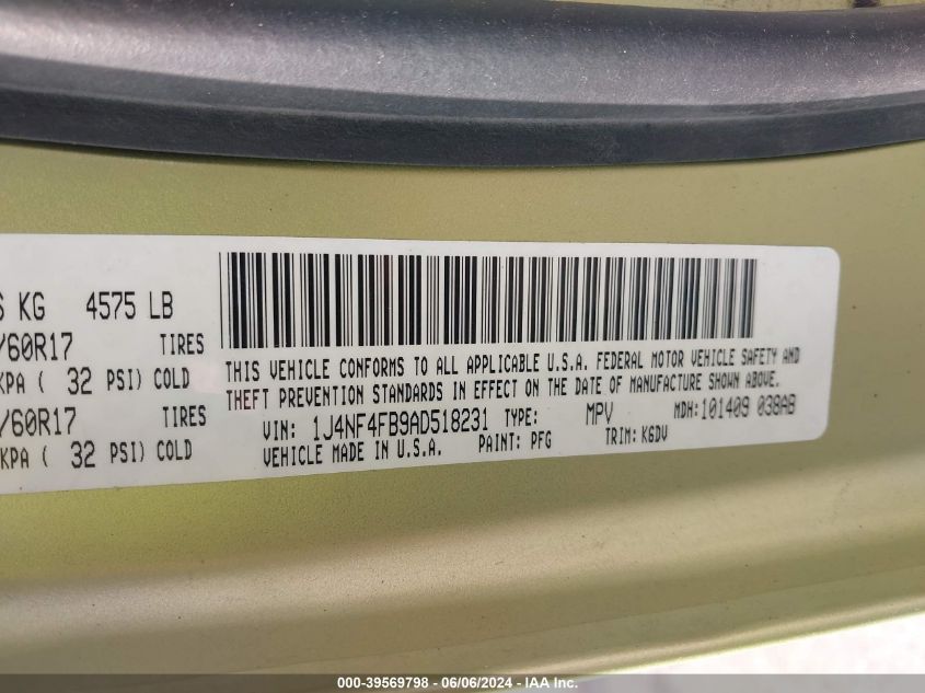 2010 Jeep Compass Sport VIN: 1J4NF4FB9AD518231 Lot: 39569798