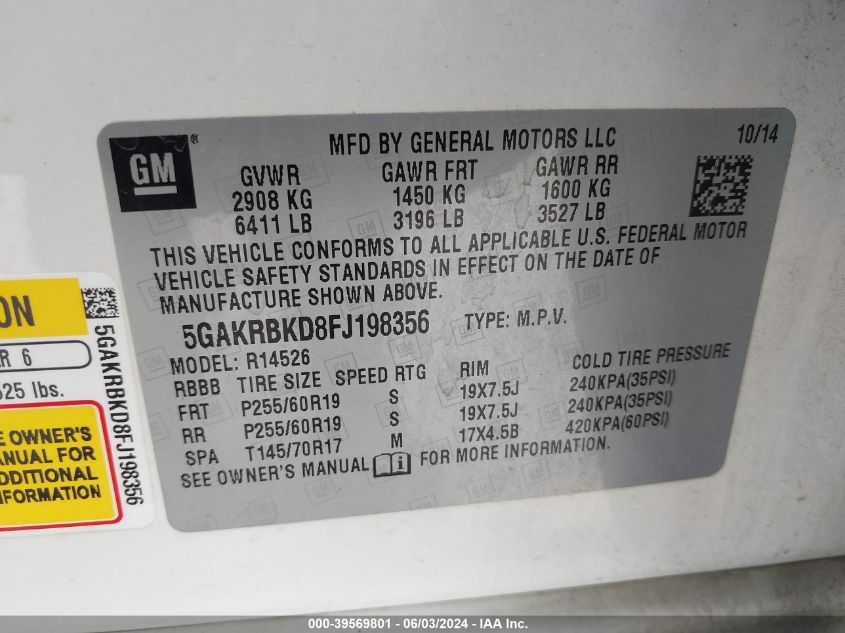 2015 Buick Enclave Leather VIN: 5GAKRBKD8FJ198356 Lot: 39569801