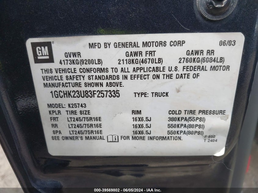 2003 Chevrolet Silverado 2500Hd Ls VIN: 1GCHK23U83F257335 Lot: 39569802