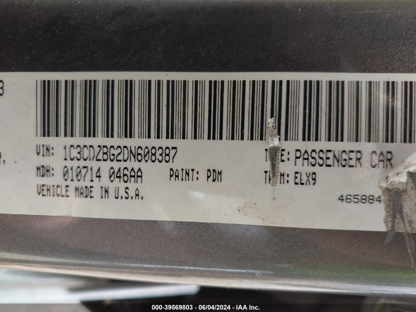 2013 Dodge Avenger R/T VIN: 1C3CDZBG2DN608387 Lot: 39569803