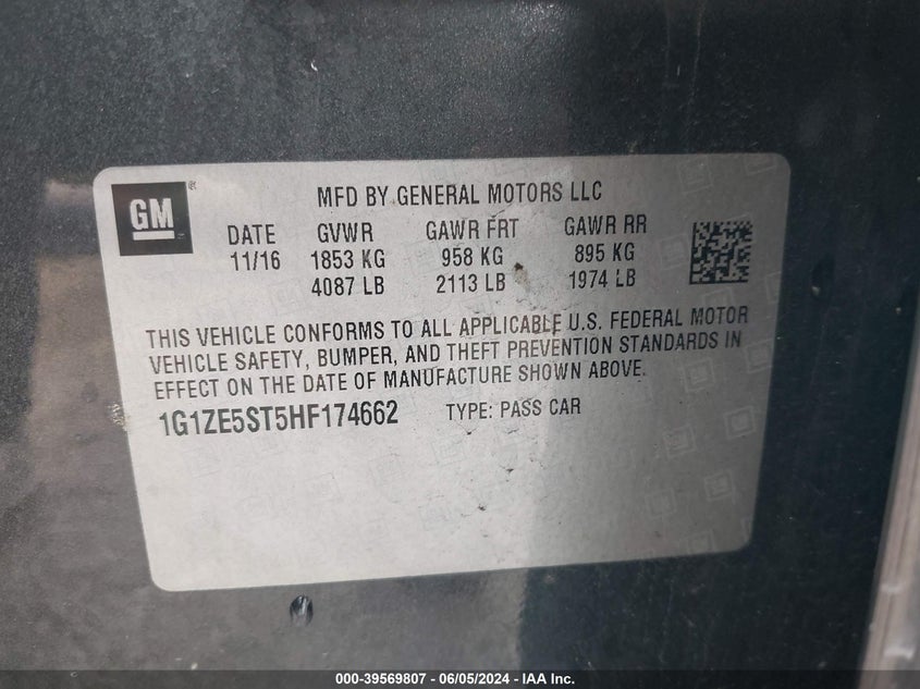 2017 Chevrolet Malibu 1Lt VIN: 1G1ZE5ST5HF174662 Lot: 39569807