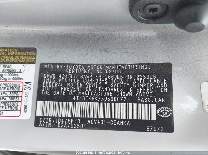 2007 Toyota Camry Le VIN: 4T1BE46K770598872 Lot: 39569815