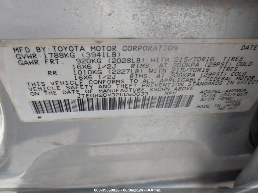 2002 Toyota Rav4 VIN: JTEGH20V020060633 Lot: 39569826