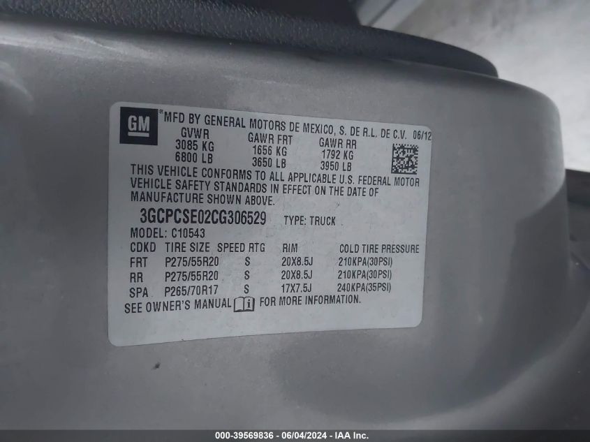 2012 Chevrolet Silverado 1500 Lt VIN: 3GCPCSE02CG306529 Lot: 39569836