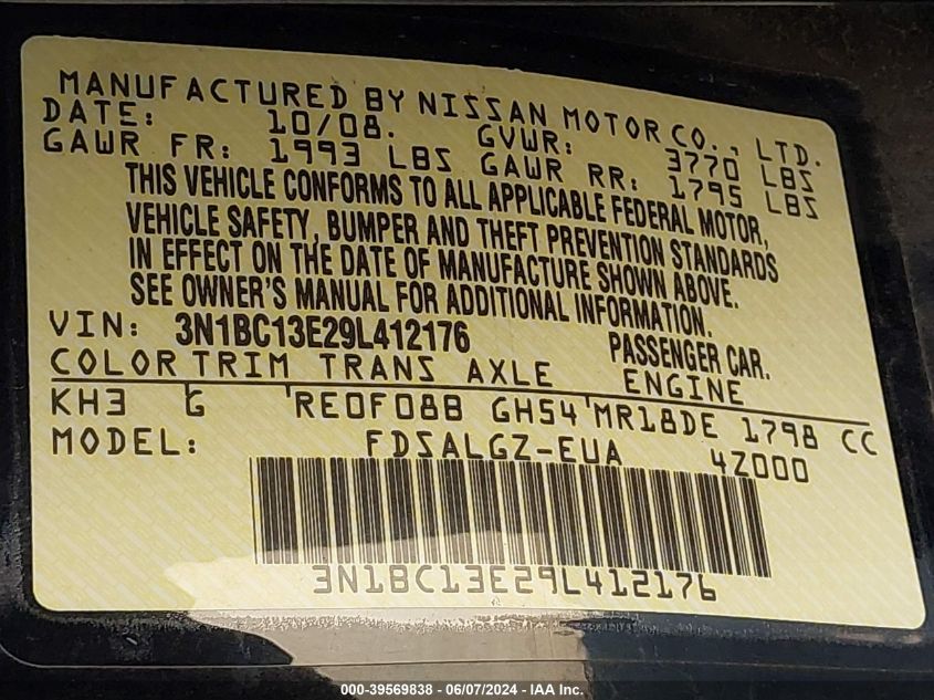 2009 Nissan Versa 1.8Sl VIN: 3N1BC13E29L412176 Lot: 39569838