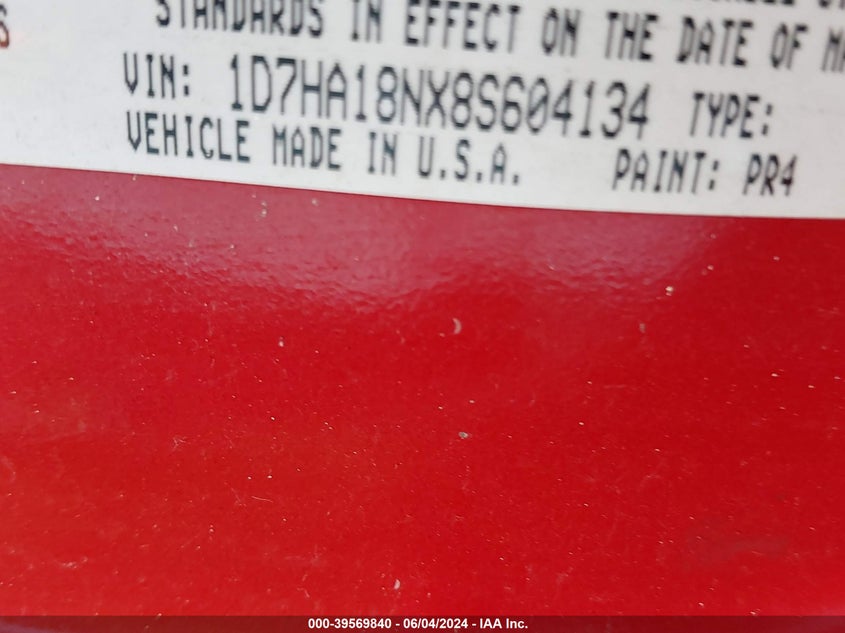 2008 Dodge Ram 1500 Slt VIN: 1D7HA18NX8S604134 Lot: 39569840
