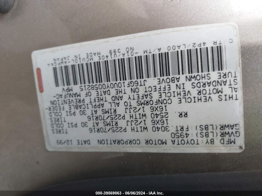 2000 Lexus Rx 300 VIN: JT6GF10U0Y0058215 Lot: 39569863