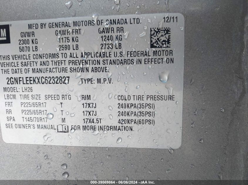 2012 Chevrolet Equinox 1Lt VIN: 2GNFLEEKXC6232827 Lot: 39569864