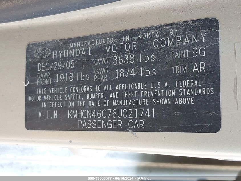 2006 Hyundai Accent Gls VIN: KMHCN46C76U021741 Lot: 39569877