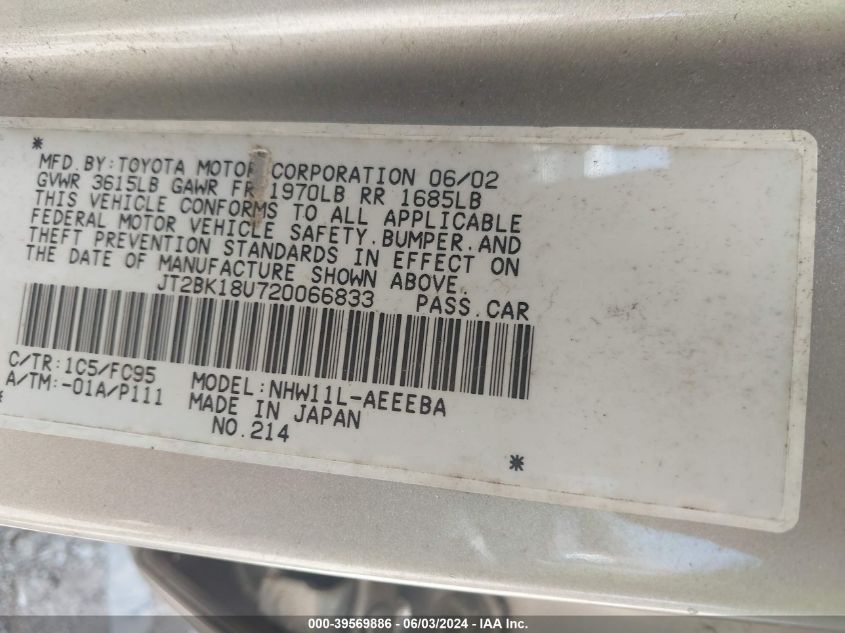 2002 Toyota Prius VIN: JT2BK18U720066833 Lot: 39569886