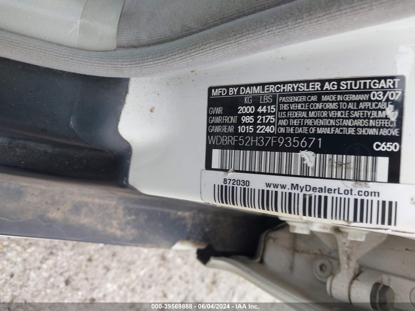 2007 Mercedes-Benz C 230 Sport VIN: WDBRF52H37F935671 Lot: 39569888