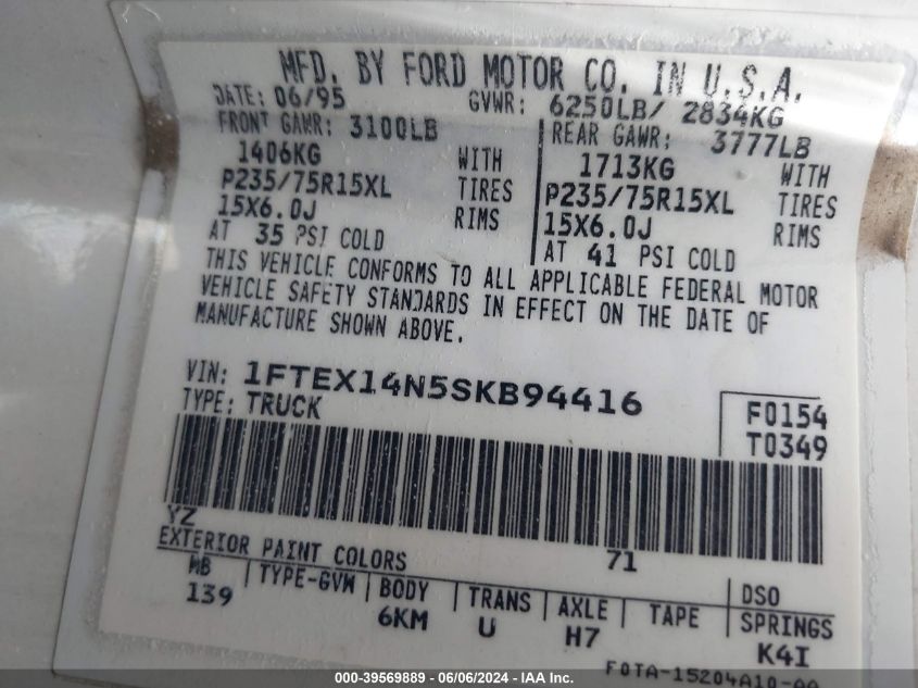 1995 Ford F150 VIN: 1FTEX14N5SKB94416 Lot: 39569889