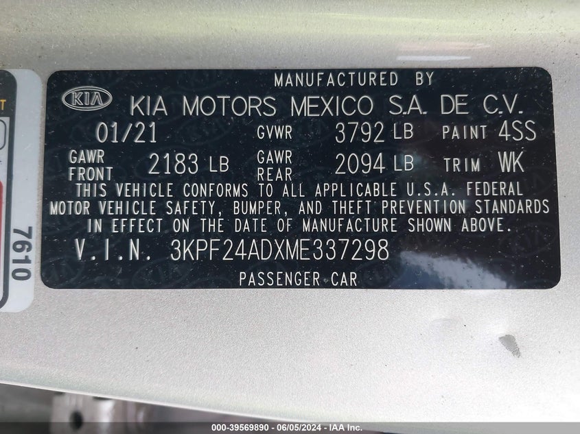 2021 KIA FORTE 2.0L I-4 DOHC, VVT, (VIN: 3KPF24ADXME337298