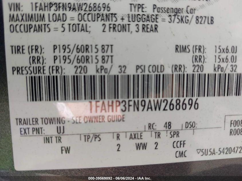 2010 Ford Focus Se VIN: 1FAHP3FN8AW150185 Lot: 39569892