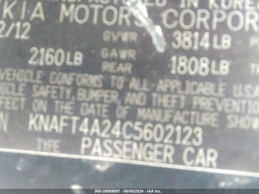 2012 Kia Forte Lx VIN: KNAFT4A24C5602123 Lot: 39569897