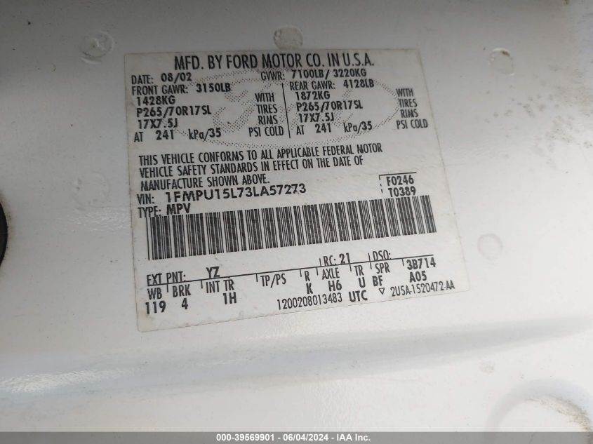 2003 Ford Expedition Xlt VIN: 1FMPU15L73LA57273 Lot: 39569901
