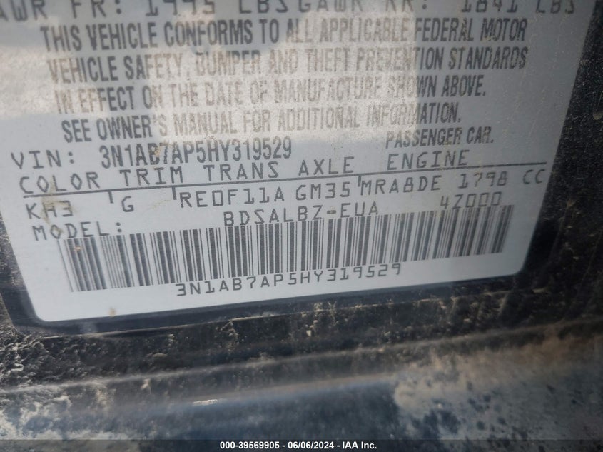 2017 Nissan Sentra S VIN: 3N1AB7AP5HY319529 Lot: 39569905