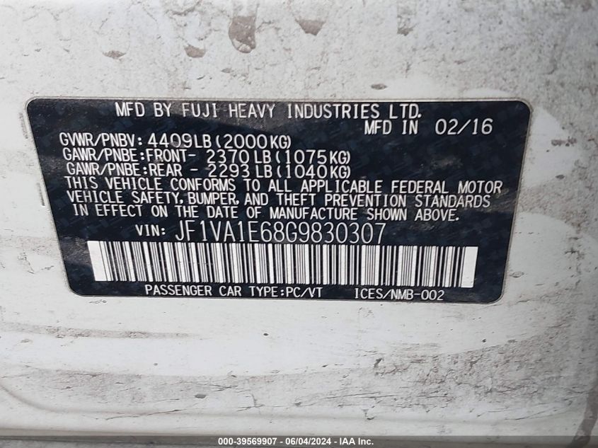 2016 Subaru Wrx Premium VIN: JF1VA1E68G9830307 Lot: 39569907