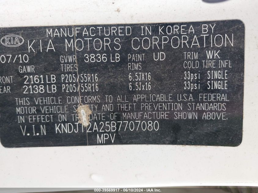 2011 Kia Soul + VIN: KNDJT2A25B7707080 Lot: 39569917