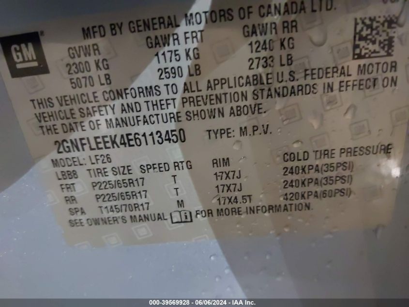 2014 Chevrolet Equinox Ls VIN: 2GNFLEEK4E6113450 Lot: 39569928