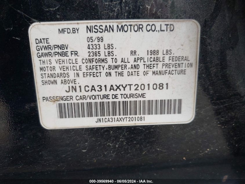 2000 Nissan Maxima Gle/Gxe/Se VIN: JN1CA31AXYT201081 Lot: 39569940