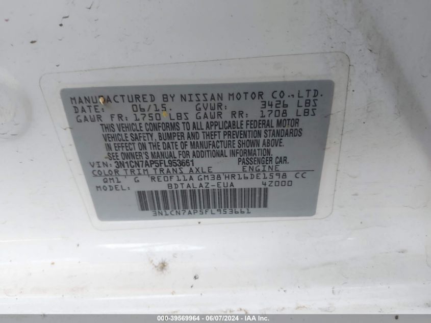 2015 Nissan Versa 1.6 S+ VIN: 3N1CN7AP5FL953661 Lot: 39569964