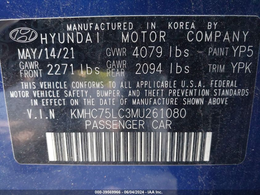 2021 Hyundai Ioniq Hybrid Se VIN: KMHC75LC3MU261080 Lot: 39569966