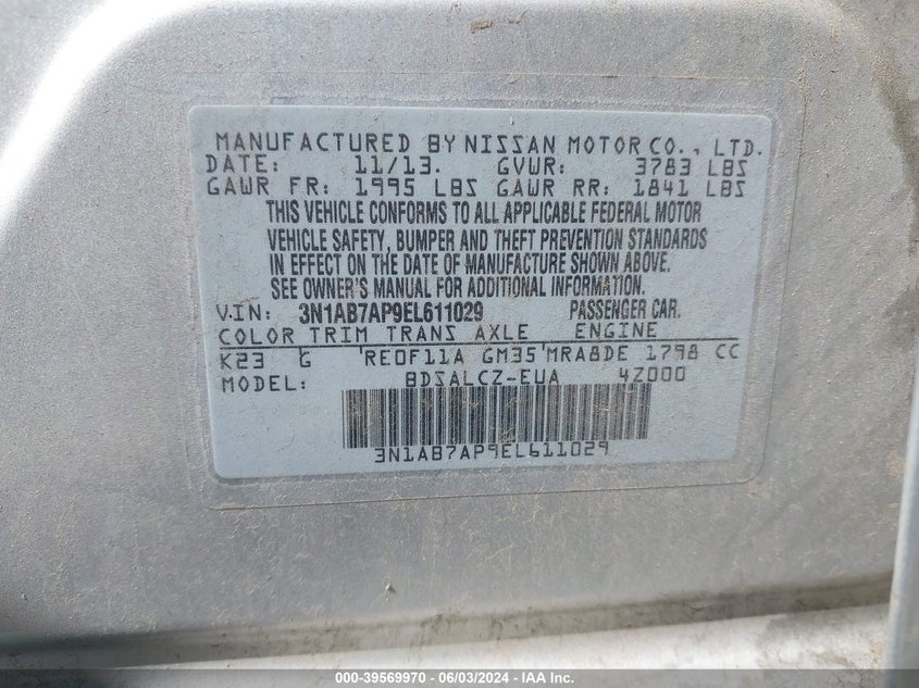 2014 Nissan Sentra S VIN: 3N1AB7AP9EL611029 Lot: 39569970