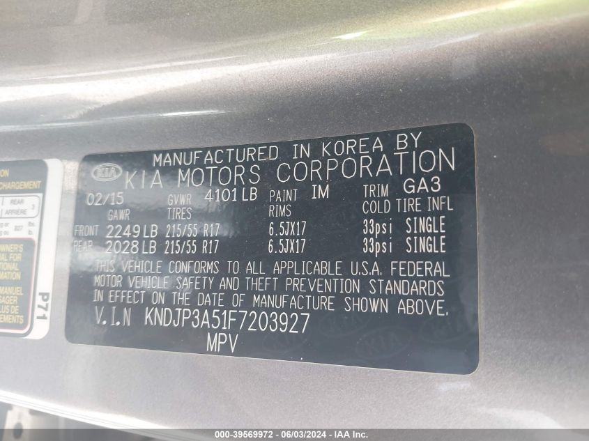 2015 Kia Soul + VIN: KNDJP3A51F7203927 Lot: 39569972