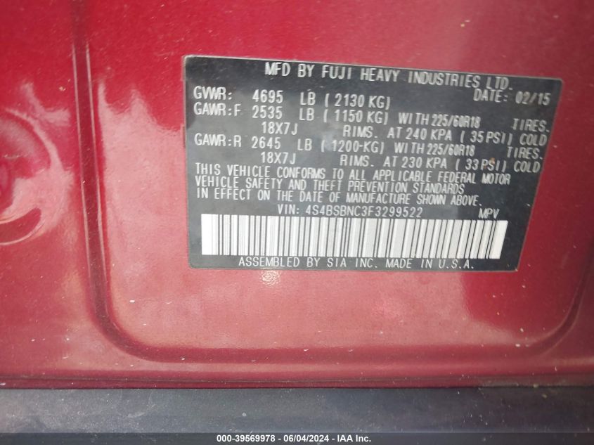 2015 Subaru Outback 2.5I Limited VIN: 4S4BSBNC3F3299522 Lot: 39569978